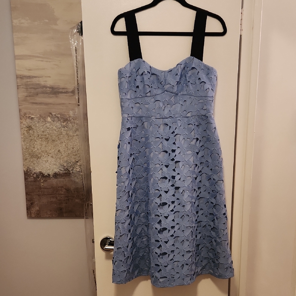 J. Crew Strapless Blue Lace Dress with Black Straps